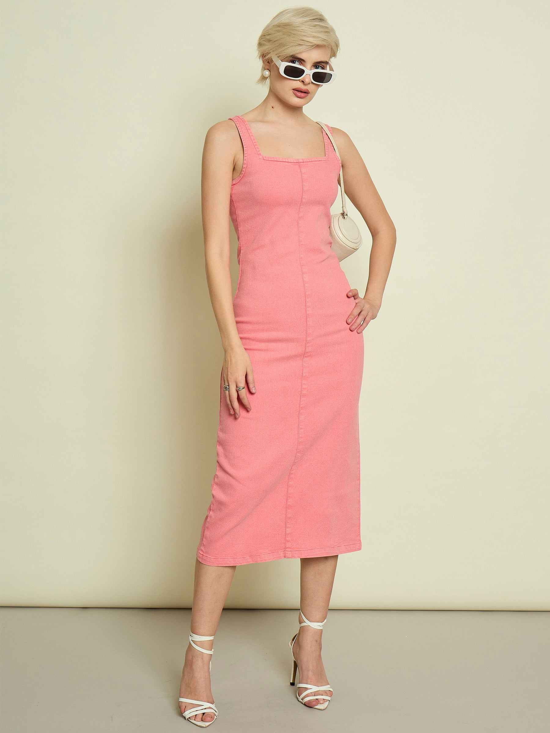 Pink Denim Strappy Midi Dress-SASSAFRAS