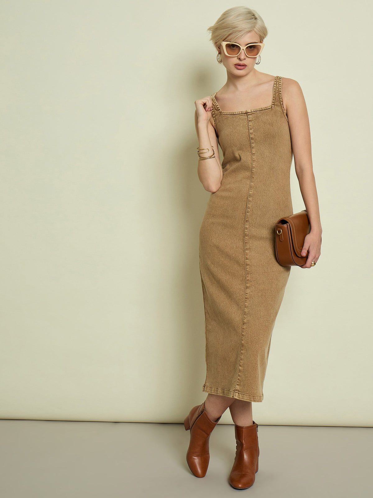 Beige Washed Denim Strappy Midi Dress-SASSAFRAS