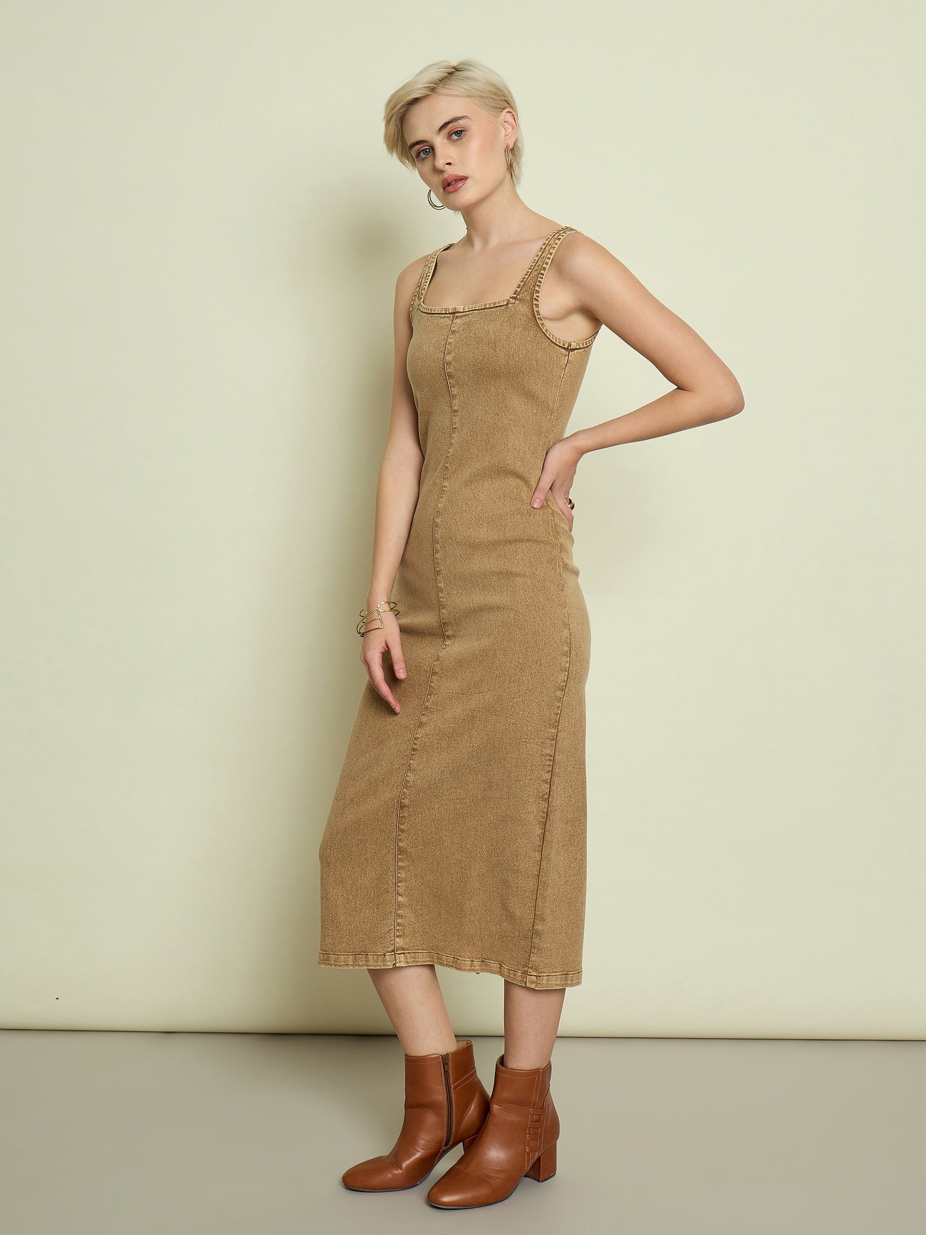 Beige Washed Denim Strappy Midi Dress-SASSAFRAS