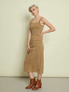 Beige Washed Denim Strappy Midi Dress-SASSAFRAS