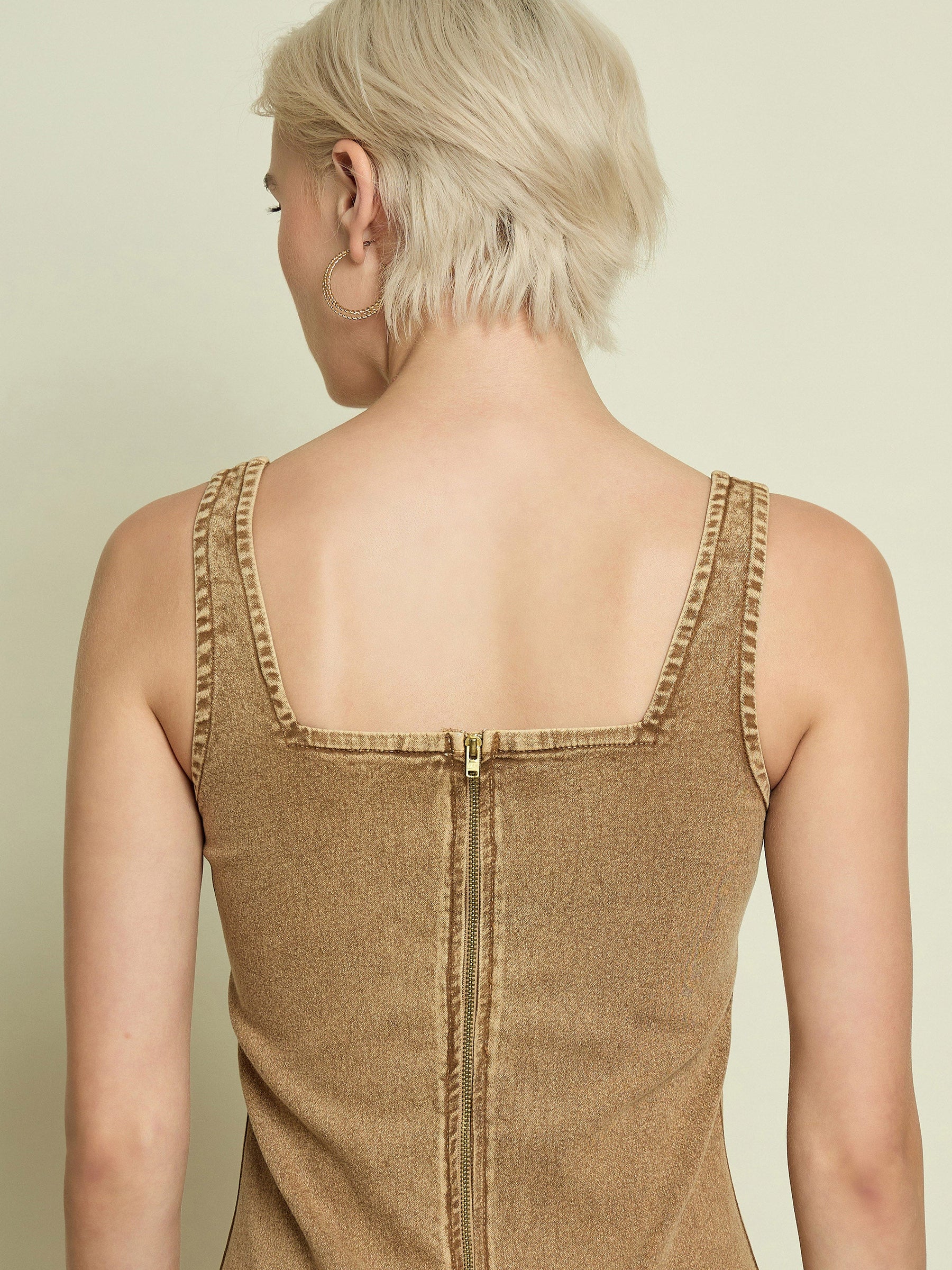 Beige Washed Denim Strappy Midi Dress-SASSAFRAS