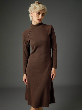 Dark Brown Rib Turtle Neck Raglan Sleeves Midi Dress -SASSAFRAS