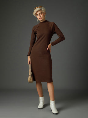Dark Brown Rib Turtle Neck Raglan Sleeves Midi Dress -SASSAFRAS