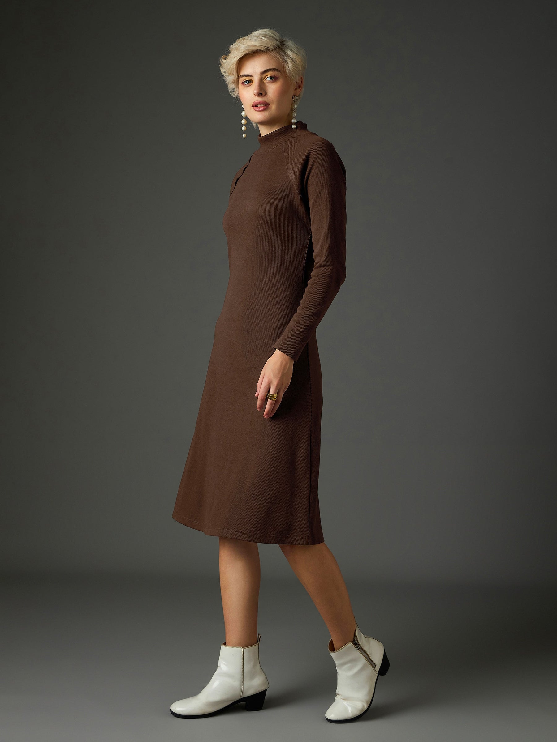 Dark Brown Rib Turtle Neck Raglan Sleeves Midi Dress -SASSAFRAS