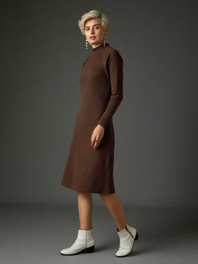 Dark Brown Rib Turtle Neck Raglan Sleeves Midi Dress -SASSAFRAS