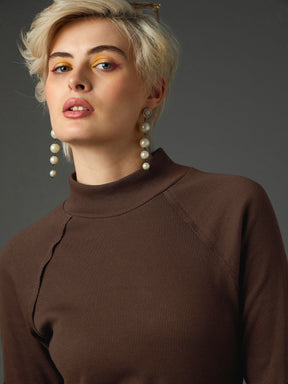 Dark Brown Rib Turtle Neck Raglan Sleeves Midi Dress -SASSAFRAS