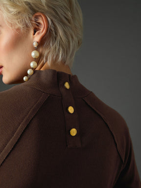 Dark Brown Rib Turtle Neck Raglan Sleeves Midi Dress -SASSAFRAS