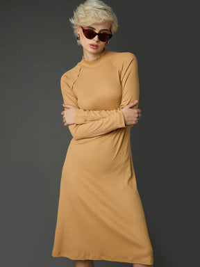 Tan Rib Turtle Neck Raglan Sleeves Midi Dress -SASSAFRAS