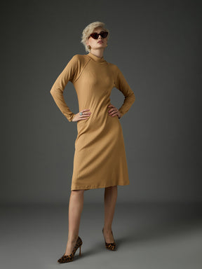 Tan Rib Turtle Neck Raglan Sleeves Midi Dress -SASSAFRAS