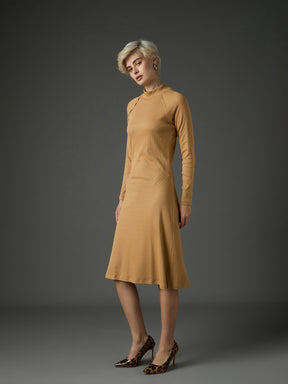 Tan Rib Turtle Neck Raglan Sleeves Midi Dress -SASSAFRAS