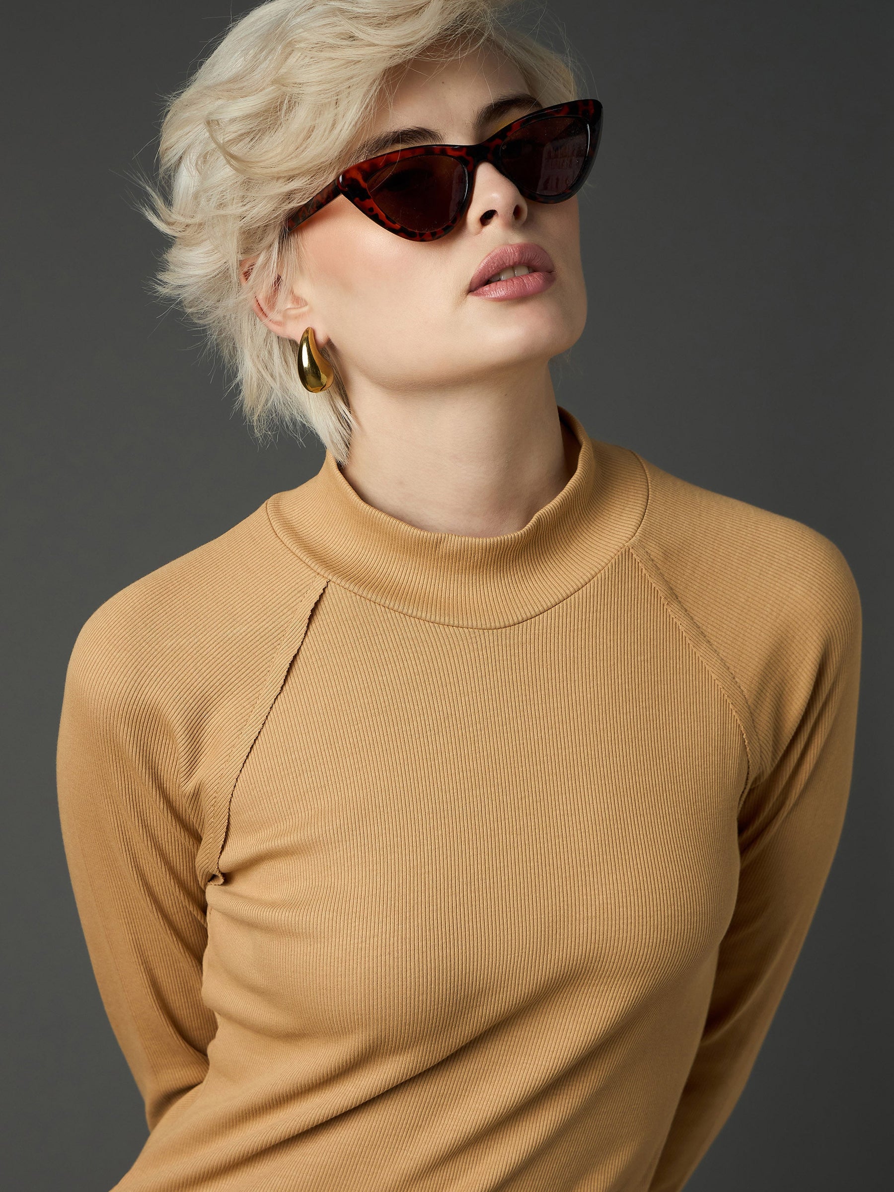 Tan Rib Turtle Neck Raglan Sleeves Midi Dress -SASSAFRAS