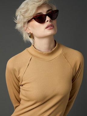 Tan Rib Turtle Neck Raglan Sleeves Midi Dress -SASSAFRAS