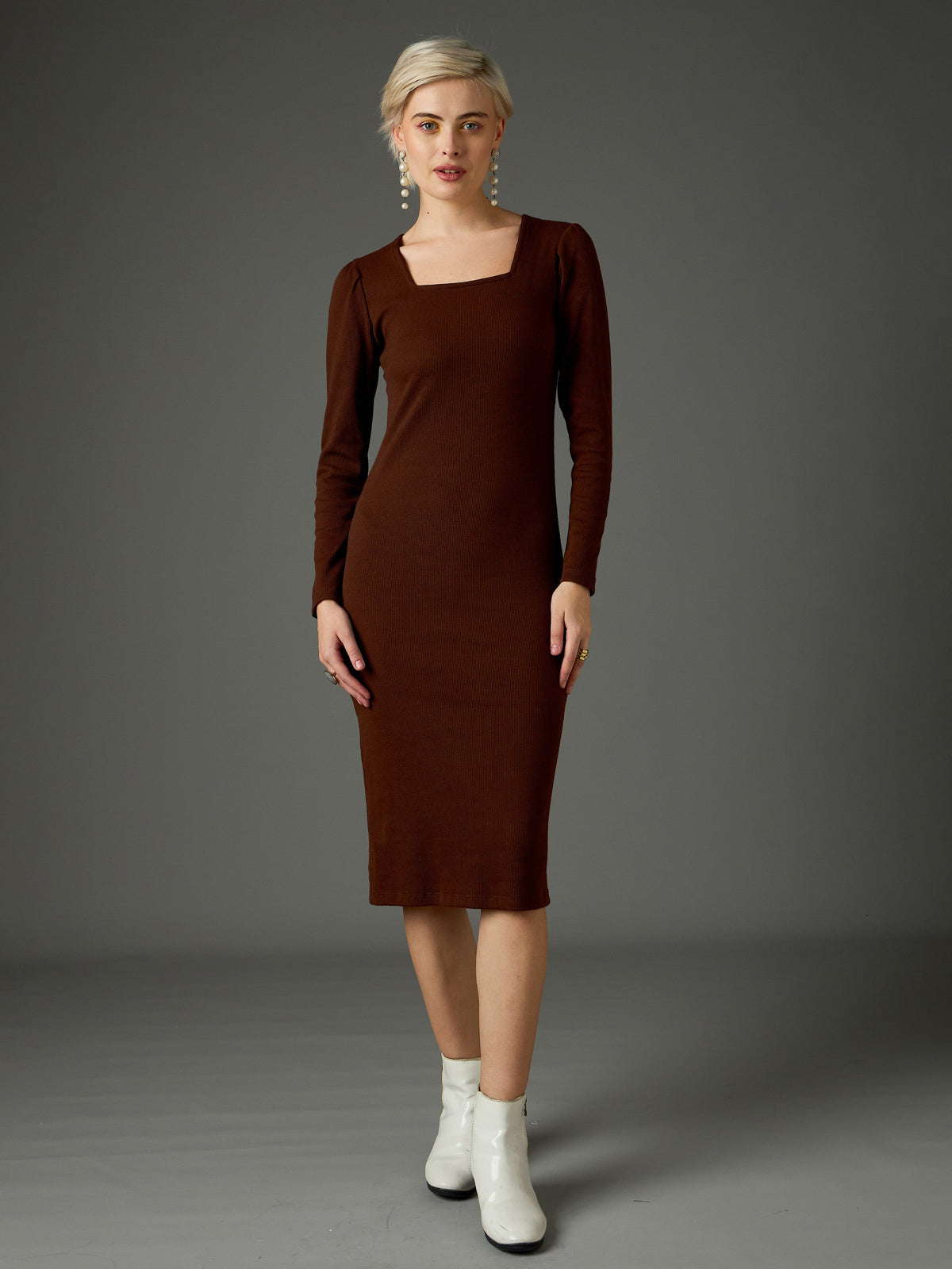 Dark Brown Rib Puff Sleeves Square Neck Bodycon Dress-SASSAFRAS