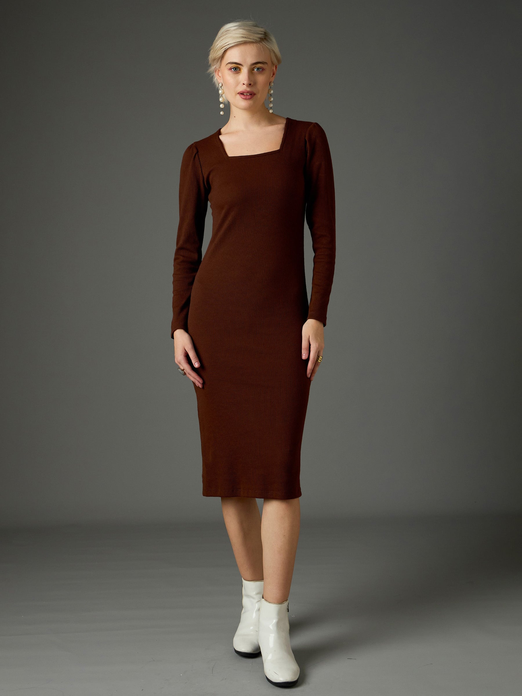 Dark Brown Rib Puff Sleeves Square Neck Bodycon Dress-SASSAFRAS