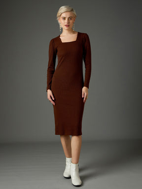 Dark Brown Rib Puff Sleeves Square Neck Bodycon Dress-SASSAFRAS