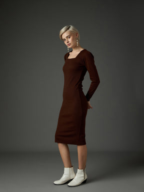 Dark Brown Rib Puff Sleeves Square Neck Bodycon Dress-SASSAFRAS