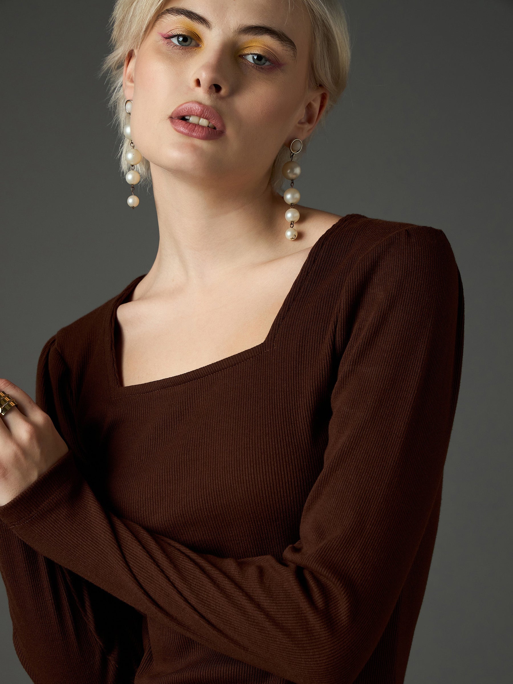 Dark Brown Rib Puff Sleeves Square Neck Bodycon Dress-SASSAFRAS