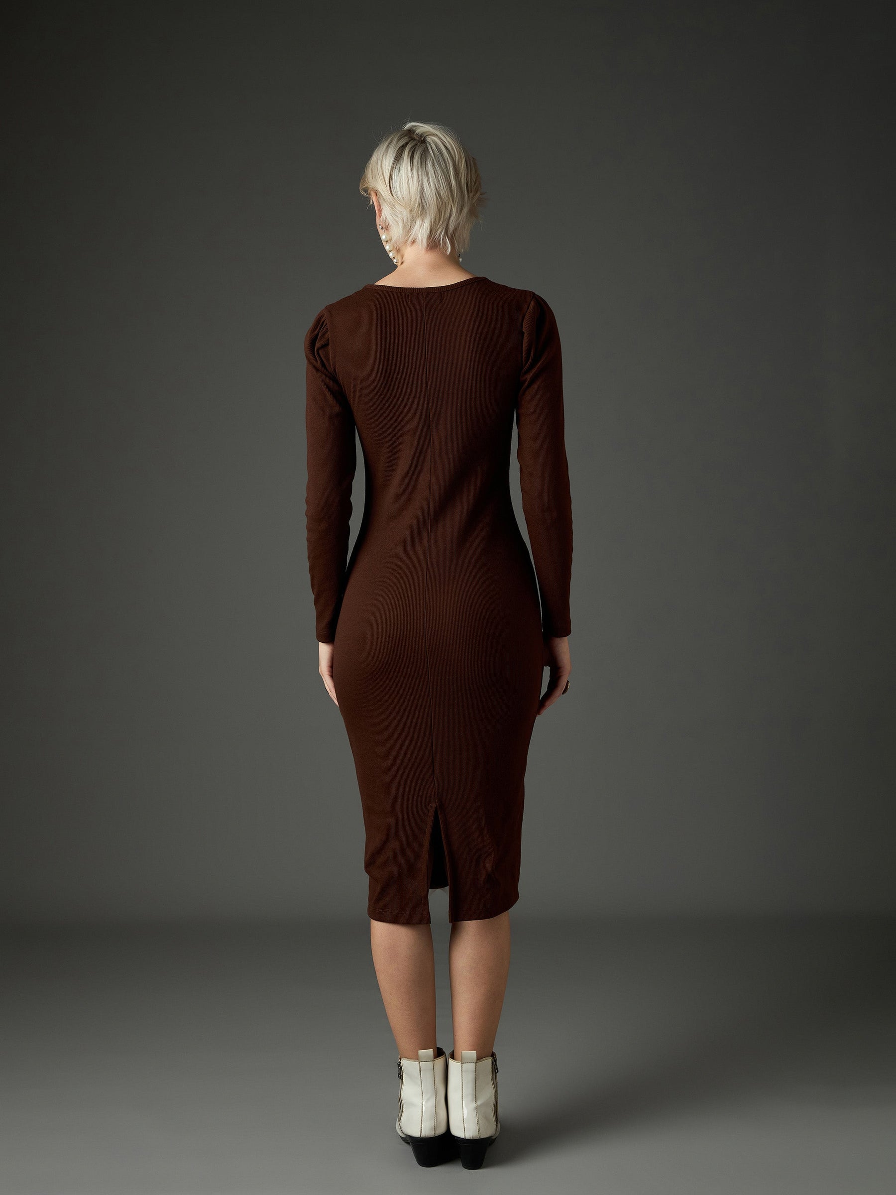 Dark Brown Rib Puff Sleeves Square Neck Bodycon Dress-SASSAFRAS
