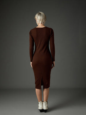 Dark Brown Rib Puff Sleeves Square Neck Bodycon Dress-SASSAFRAS