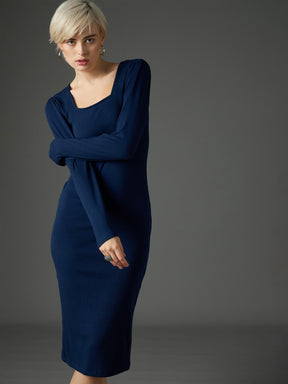 Navy Rib Puff Sleeves Square Neck Bodycon Dress-SASSAFRAS