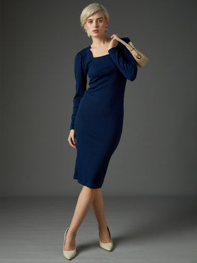 Navy Rib Puff Sleeves Square Neck Bodycon Dress-SASSAFRAS