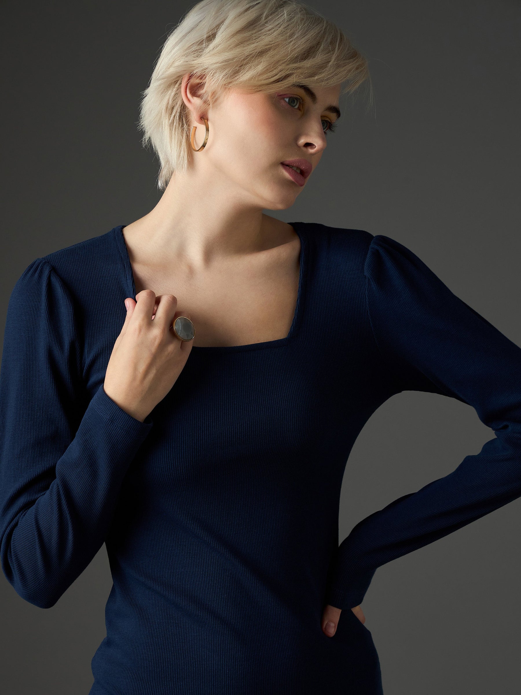 Navy Rib Puff Sleeves Square Neck Bodycon Dress-SASSAFRAS