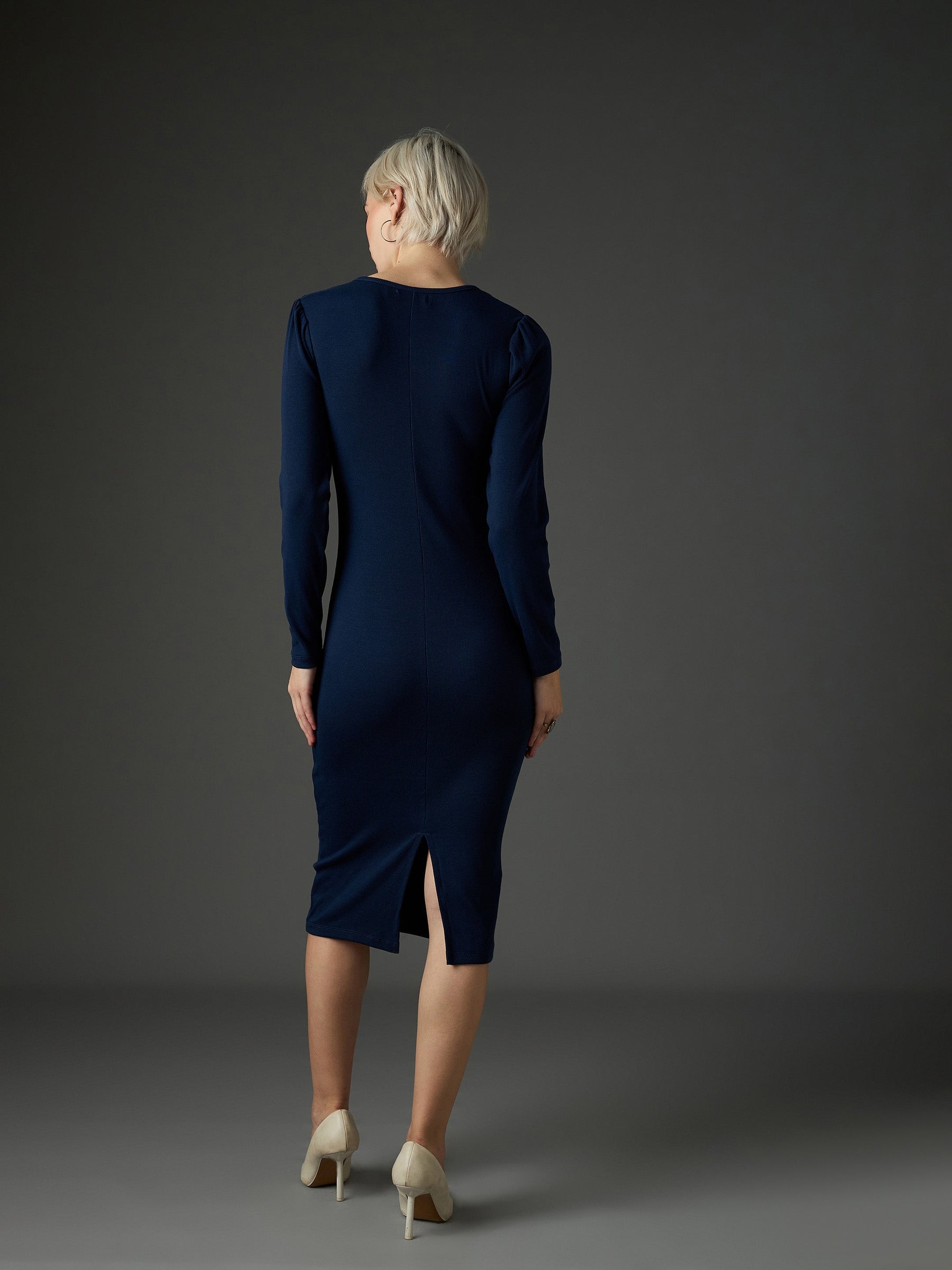 Navy Rib Puff Sleeves Square Neck Bodycon Dress-SASSAFRAS