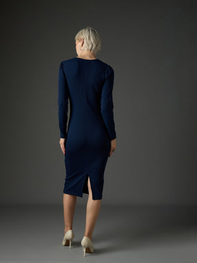 Navy Rib Puff Sleeves Square Neck Bodycon Dress-SASSAFRAS