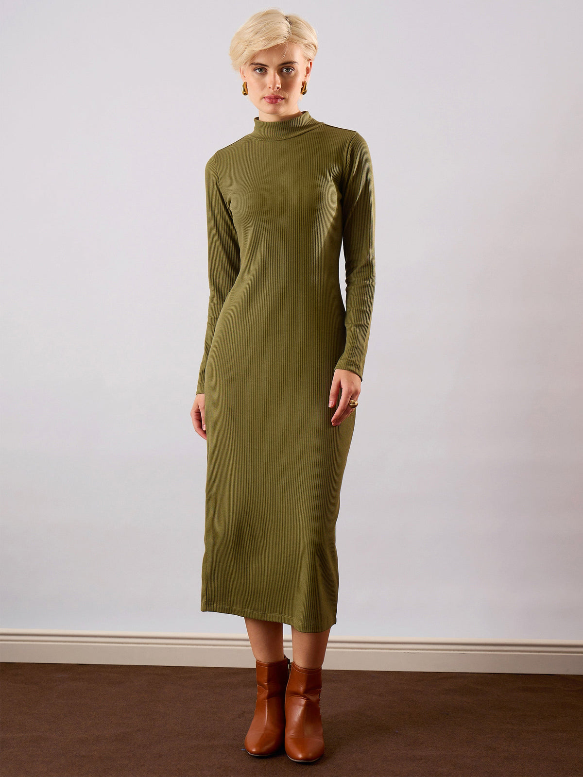 Olive Rib High Neck Maxi Dress-SASSAFRAS