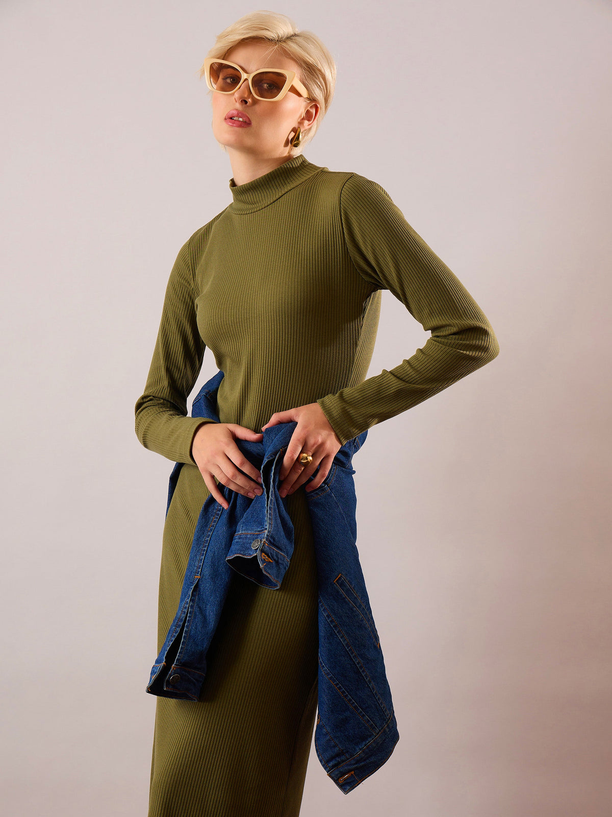 Olive Rib High Neck Maxi Dress-SASSAFRAS