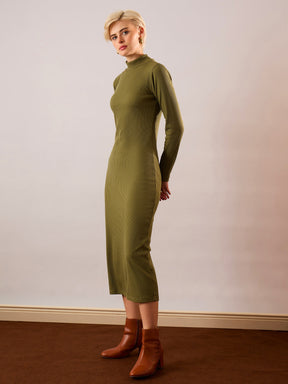 Olive Rib High Neck Maxi Dress-SASSAFRAS