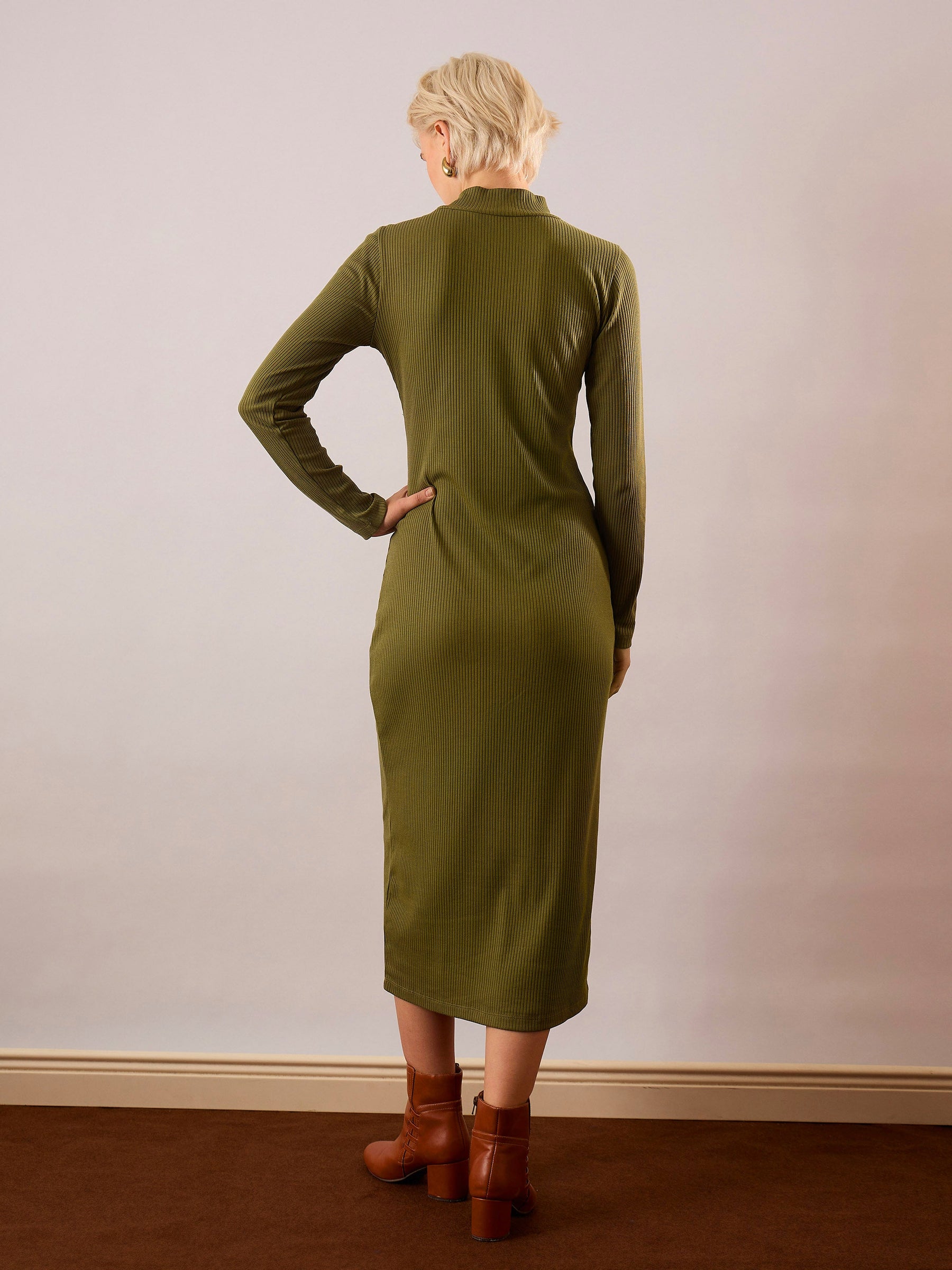 Olive Rib High Neck Maxi Dress-SASSAFRAS