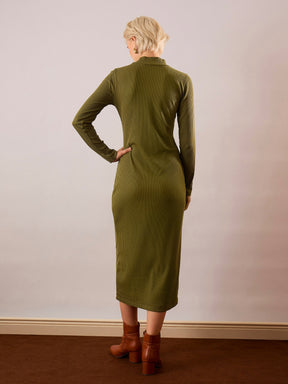 Olive Rib High Neck Maxi Dress-SASSAFRAS