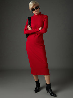 Red Rib High Neck Maxi Dress-SASSAFRAS