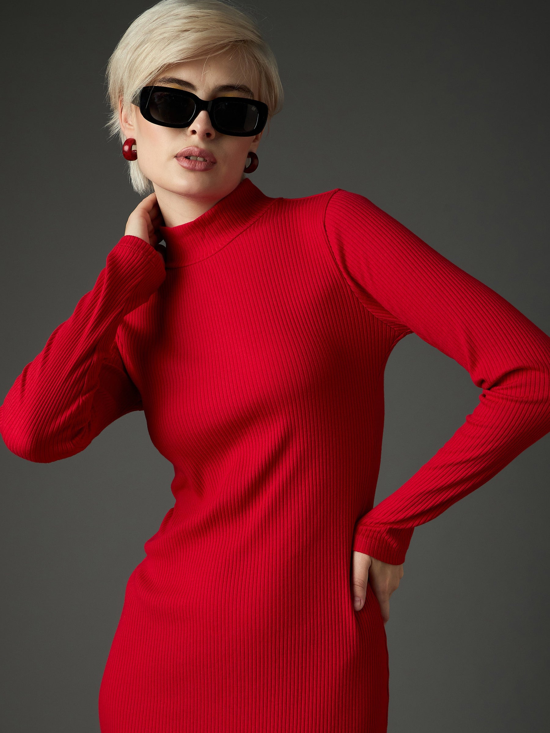 Red Rib High Neck Maxi Dress-SASSAFRAS