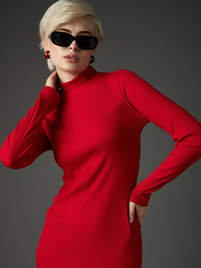 Red Rib High Neck Maxi Dress-SASSAFRAS