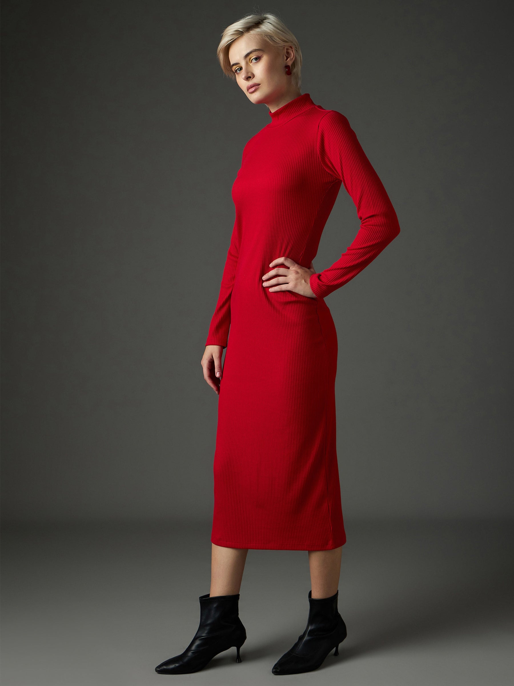 Red Rib High Neck Maxi Dress-SASSAFRAS