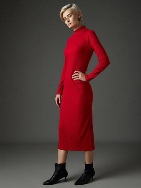 Red Rib High Neck Maxi Dress-SASSAFRAS