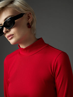 Red Rib High Neck Maxi Dress-SASSAFRAS