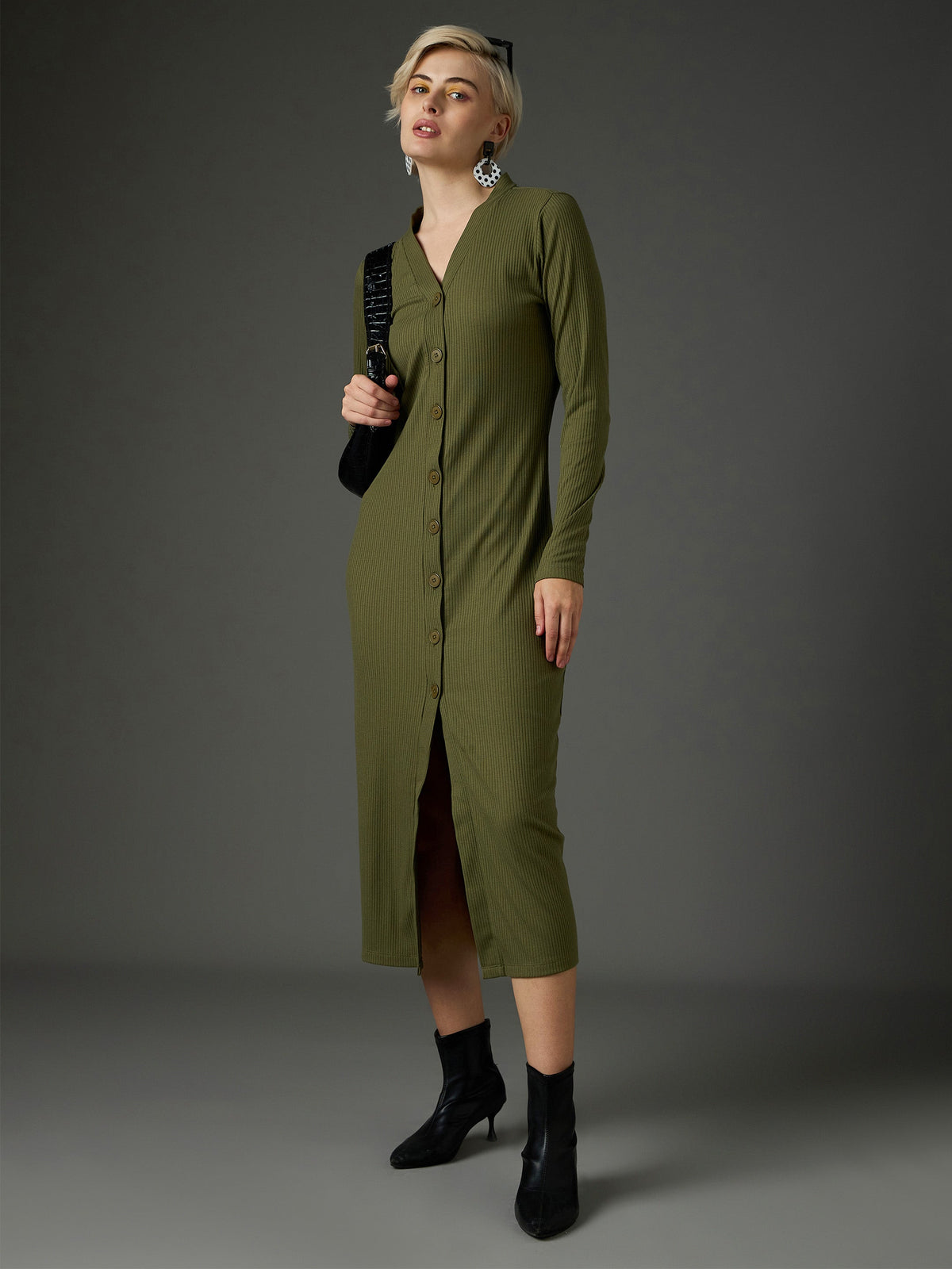 Olive Rib Front Button Midi Dress-SASSAFRAS