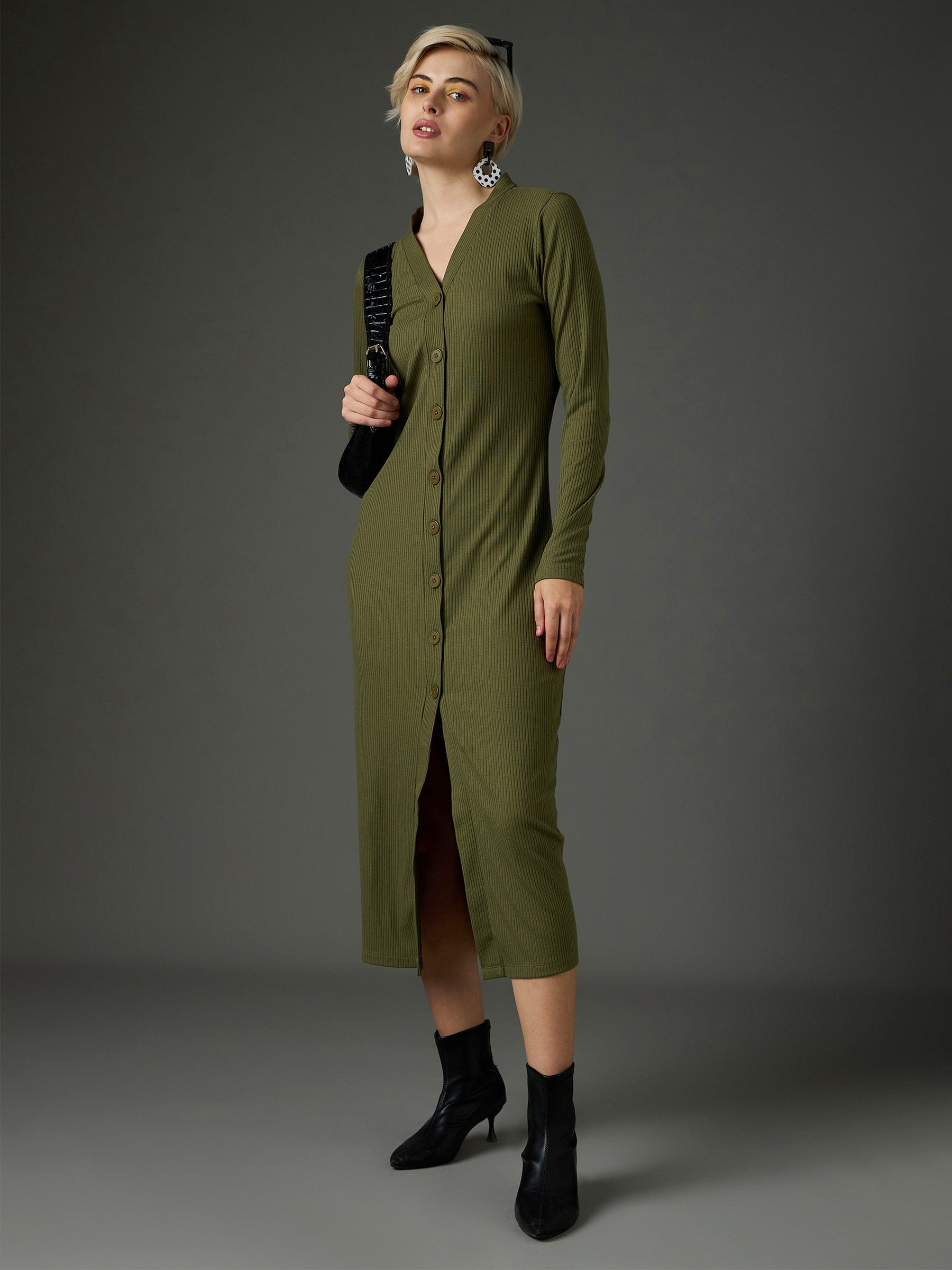 Olive Rib Front Button Midi Dress-SASSAFRAS