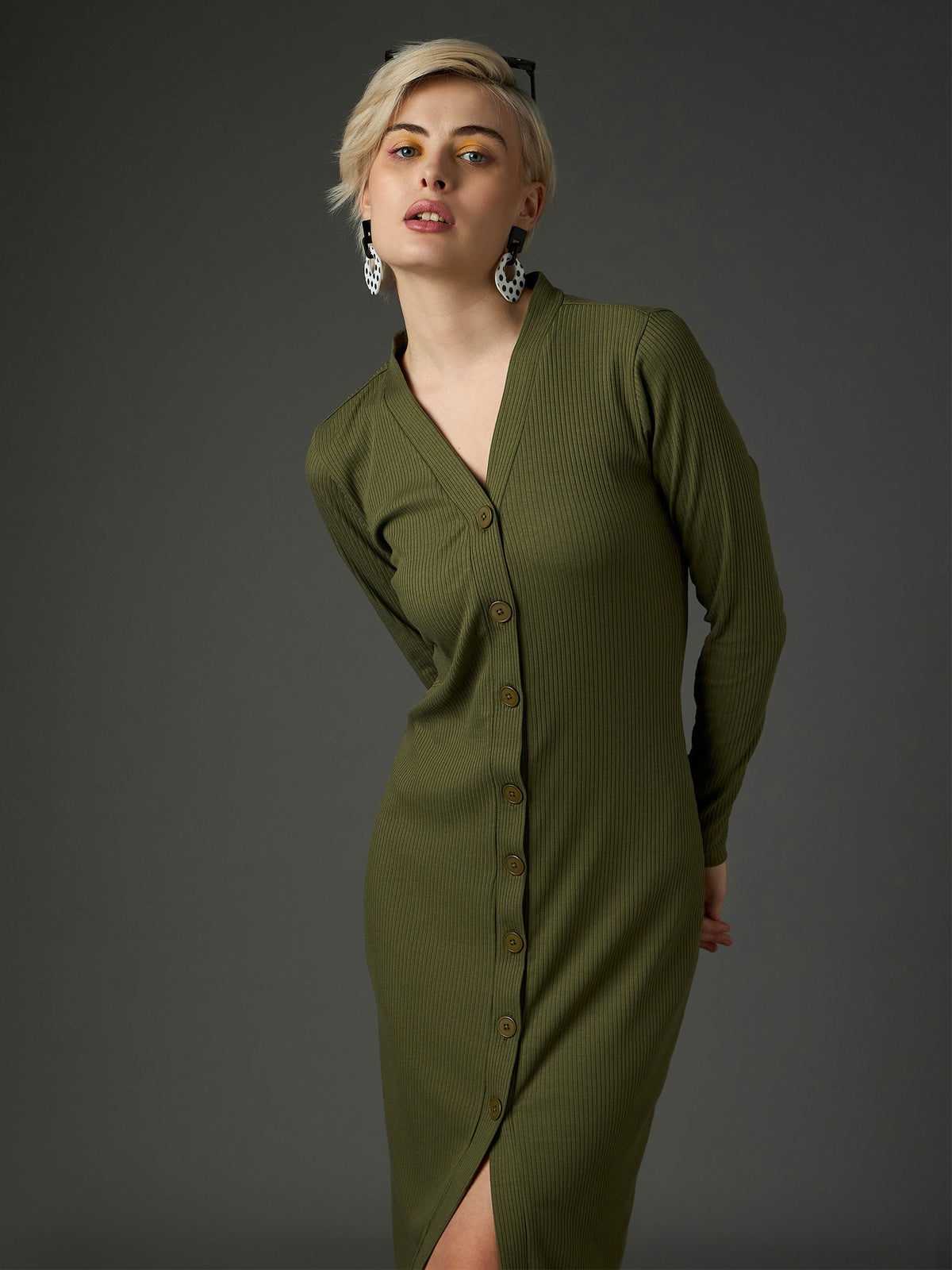 Olive Rib Front Button Midi Dress-SASSAFRAS