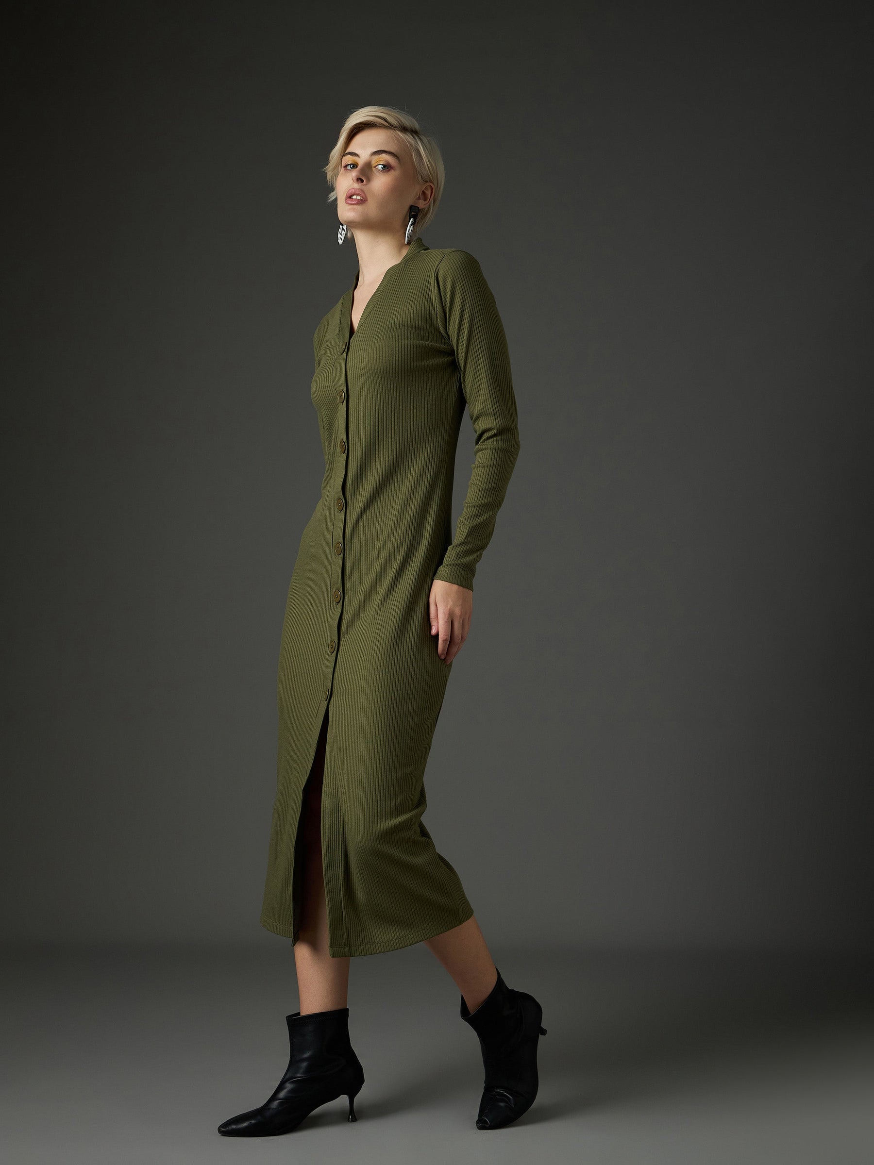 Olive Rib Front Button Midi Dress-SASSAFRAS