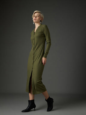 Olive Rib Front Button Midi Dress-SASSAFRAS
