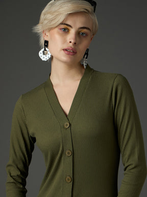 Olive Rib Front Button Midi Dress-SASSAFRAS