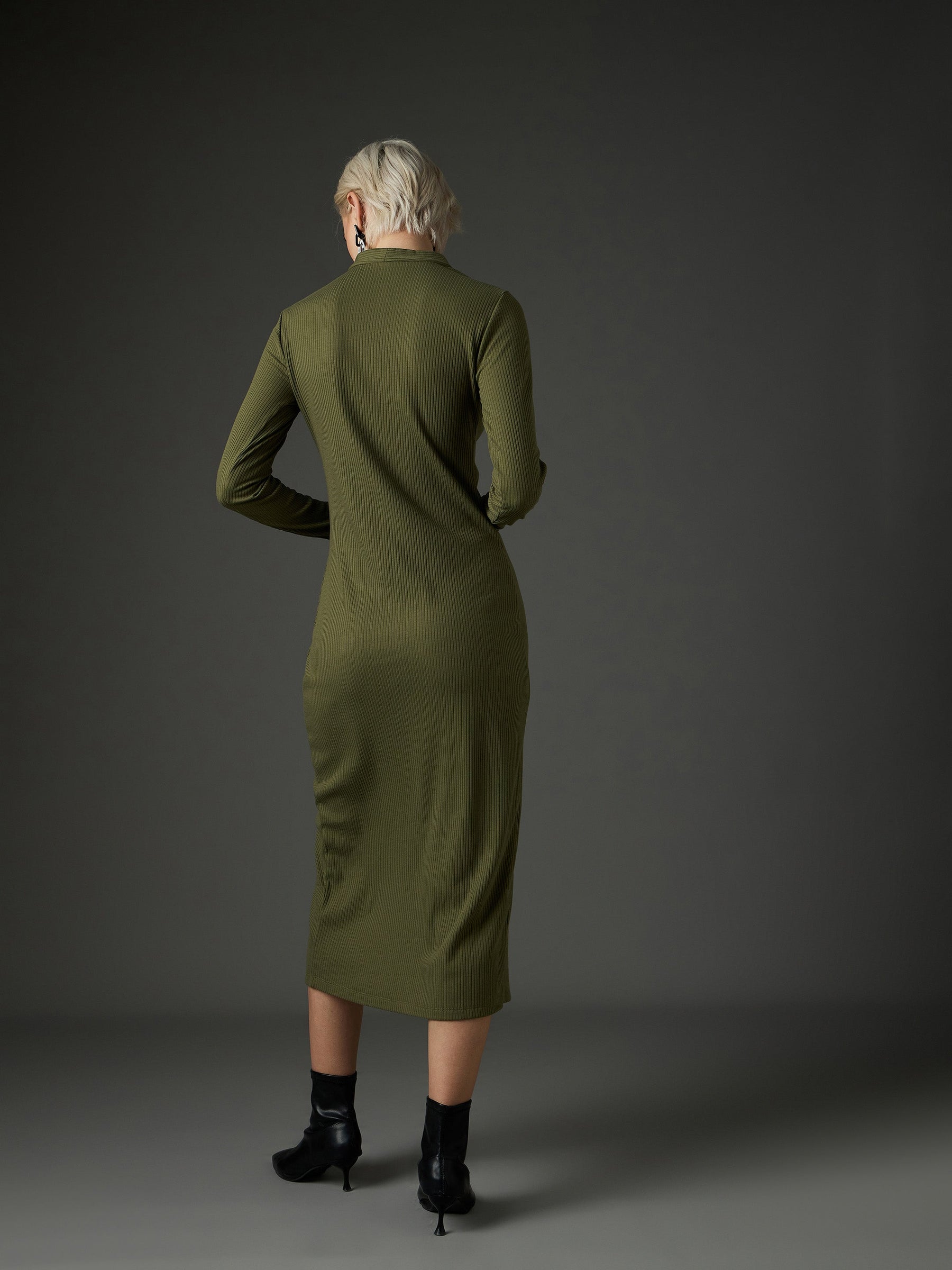 Olive Rib Front Button Midi Dress-SASSAFRAS