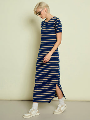 Navy Blue & Beige Stripeed T-shirt Dress-SASSAFRAS