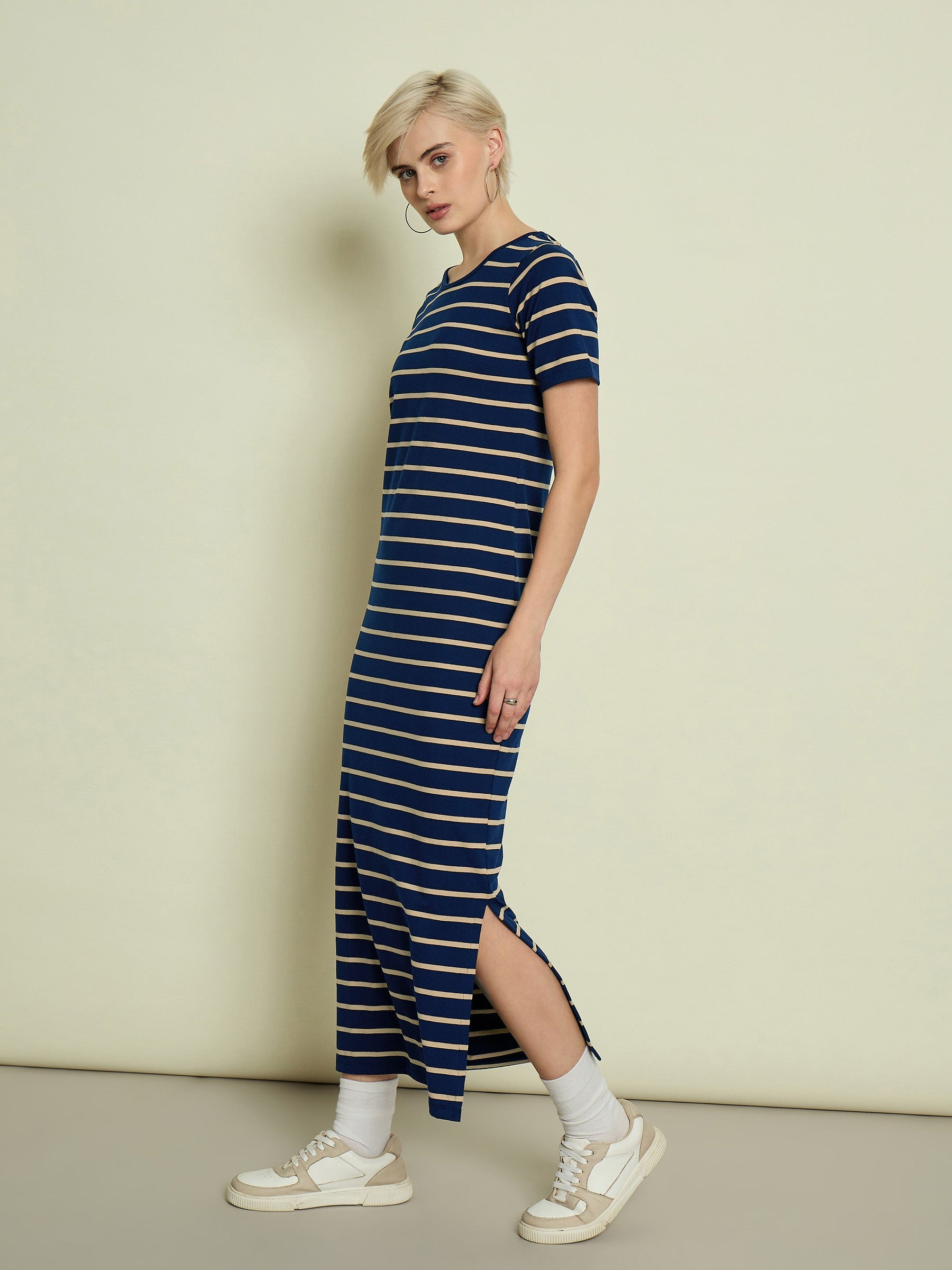 Navy Blue & Beige Stripeed T-shirt Dress-SASSAFRAS