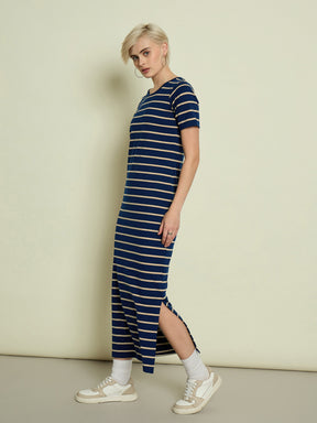 Navy Blue & Beige Stripeed T-shirt Dress-SASSAFRAS