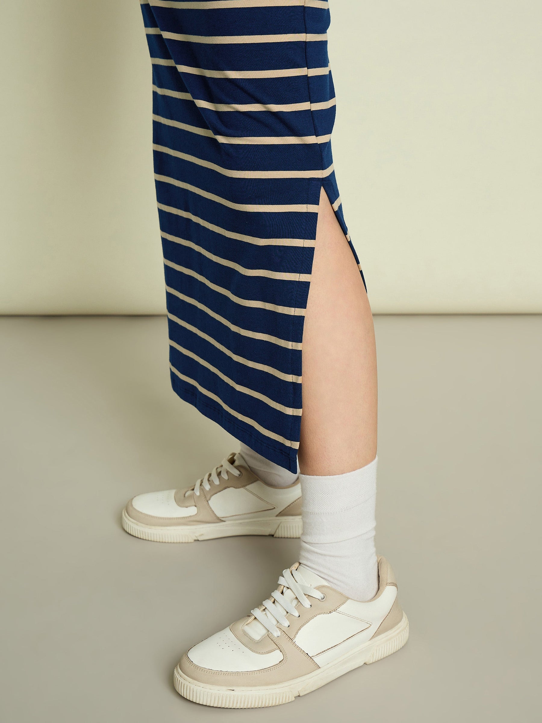 Navy Blue & Beige Stripeed T-shirt Dress-SASSAFRAS
